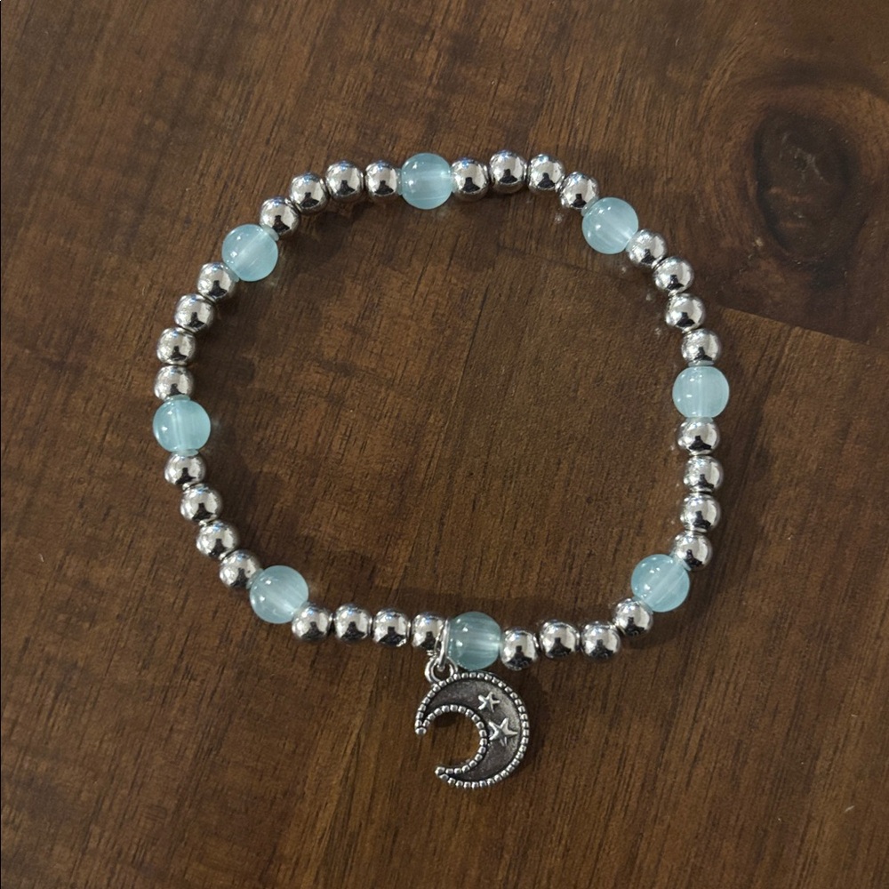 Silver and Blue Beaded Bracelet with Moon Charm